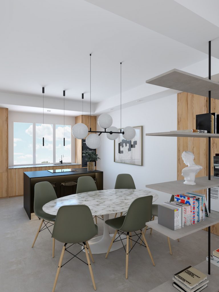 cocina con salón integrado y ventana al fondo