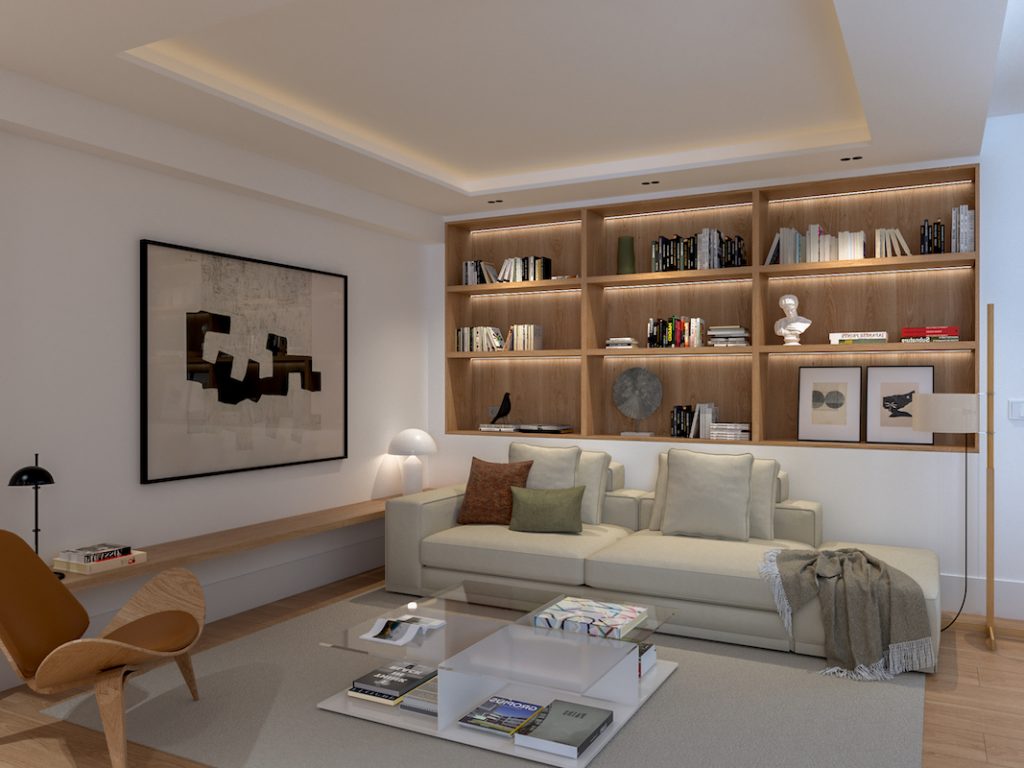 sofá con estantería completa y mesa auxiliar