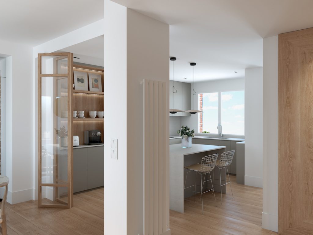 cocina abierta al comedor con mucha luz