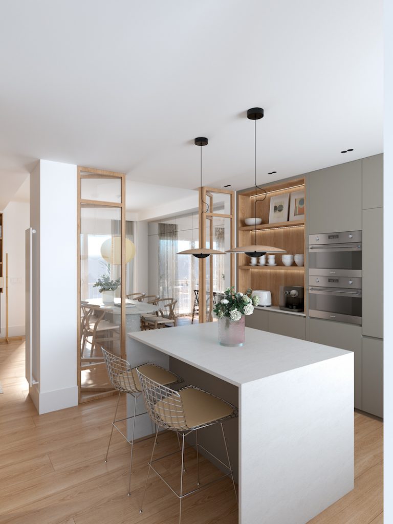 barra blanca en cocina muy luminosa