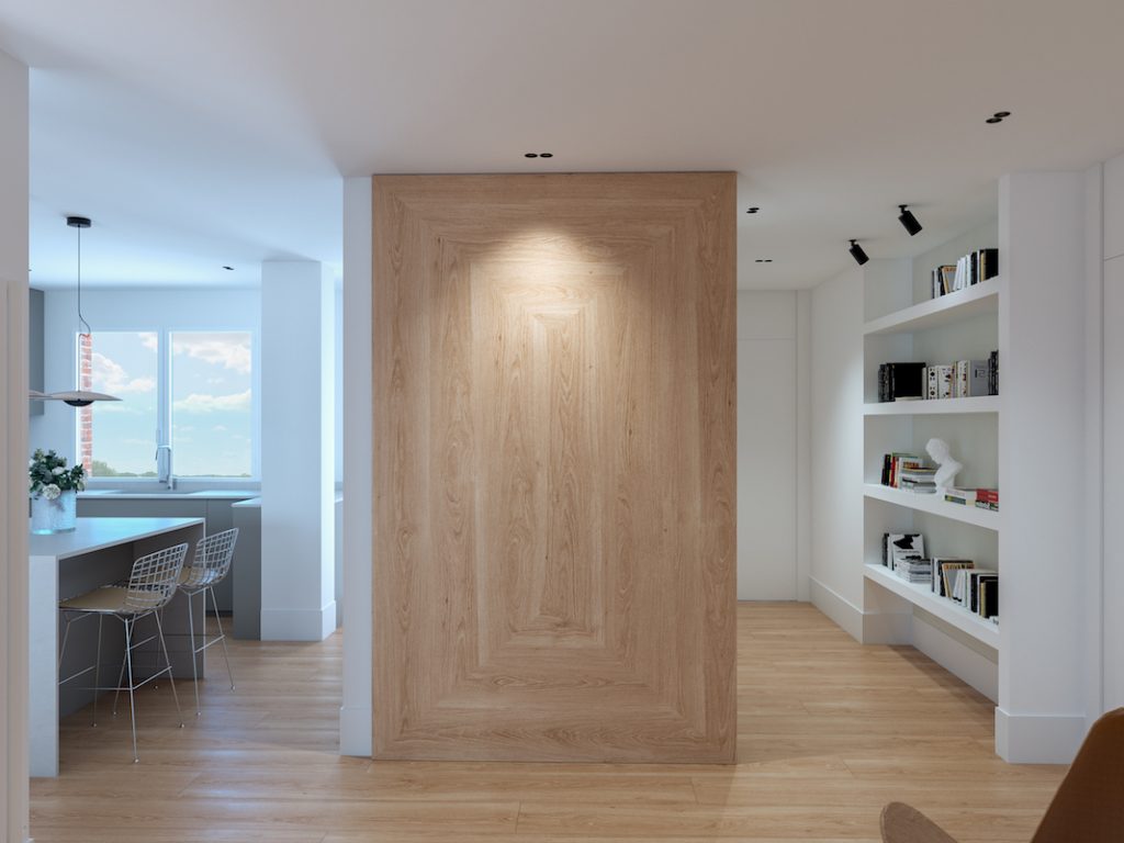 separación de estancias con columna de color madera